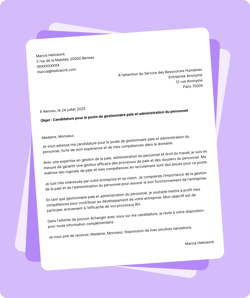 Exemple lettre de motivation Gestionnaire paie et administration du personnel
