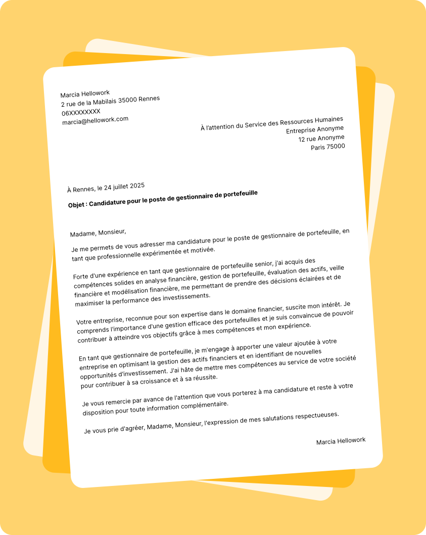 Modèle lettre de motivation Gestionnaire de portefeuille Exemple lettre de motivation Gestionnaire de portefeuille