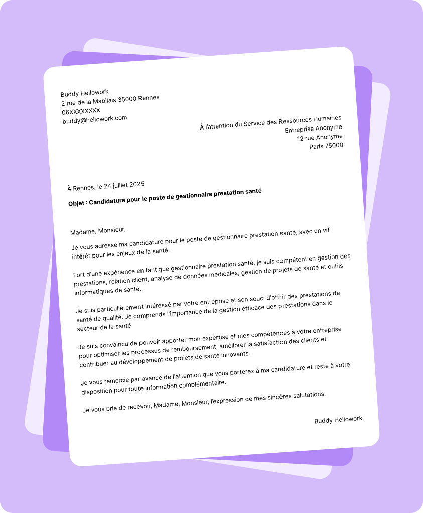 Exemple lettre de motivation Gestionnaire prestation santé