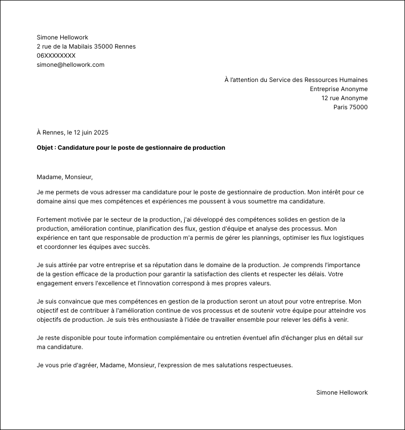 Modèle lettre de motivation Gestionnaire de production Exemple lettre de motivation Gestionnaire de production