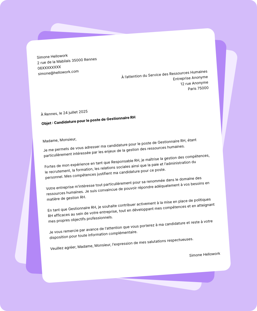 Exemple lettre de motivation Gestionnaire RH