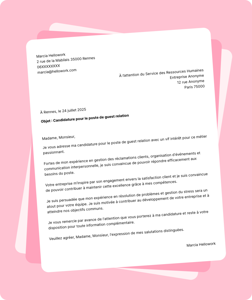 Modèle lettre de motivation Guest relation Exemple lettre de motivation Guest relation