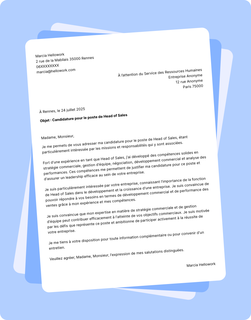 Modèle lettre de motivation Head of sales Exemple lettre de motivation Head of sales