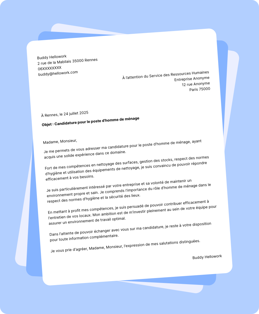 Exemple lettre de motivation Homme de ménage