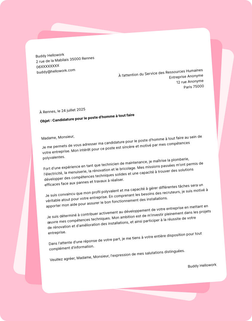 Exemple lettre de motivation Homme à tout faire