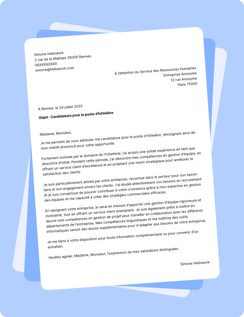 Exemple lettre de motivation Hôtelier