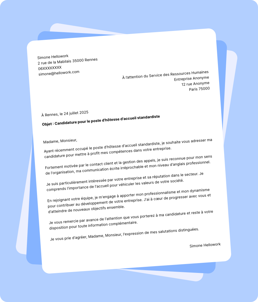 Modèle lettre de motivation Hôtesse d'accueil standardiste Exemple lettre de motivation Hôtesse d'accueil standardiste