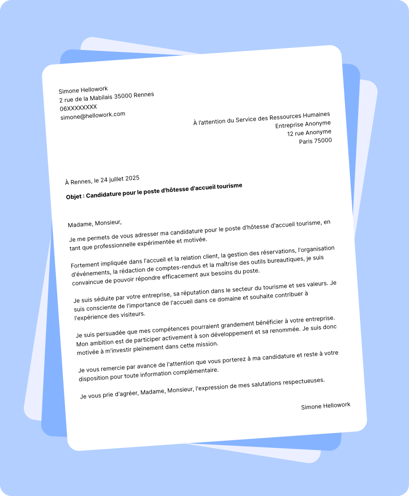 Exemple lettre de motivation Hôtesse d'accueil tourisme
