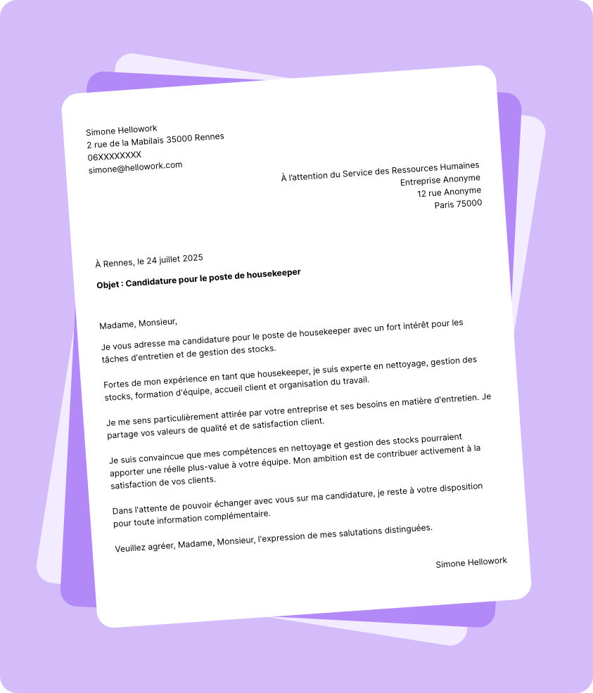 Exemple lettre de motivation Housekeeper