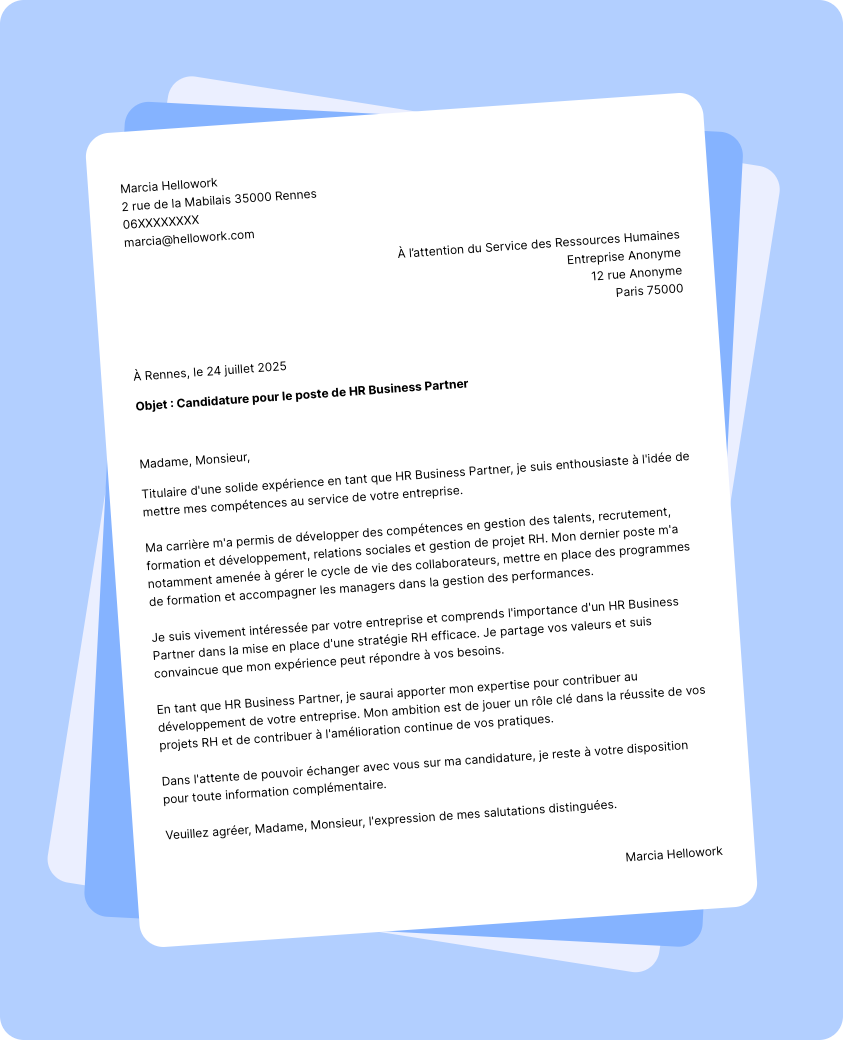 Exemple lettre de motivation HR Business Partner