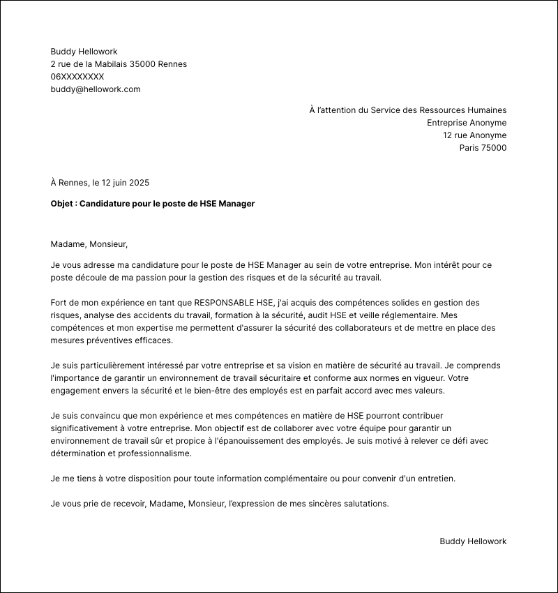 Modèle lettre de motivation HSE manager Exemple lettre de motivation HSE manager