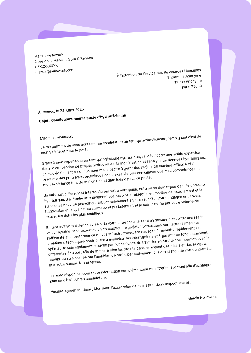 Modèle lettre de motivation Hydraulicien Exemple lettre de motivation Hydraulicien