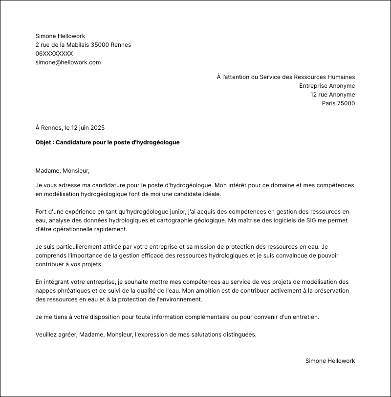 Modèle lettre de motivation Hydrogéologue Exemple lettre de motivation Hydrogéologue
