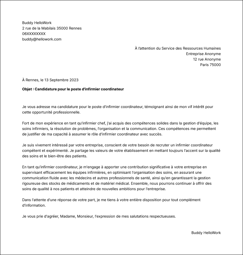 Modèle lettre de motivation Infirmière chef Exemple lettre de motivation Infirmière chef