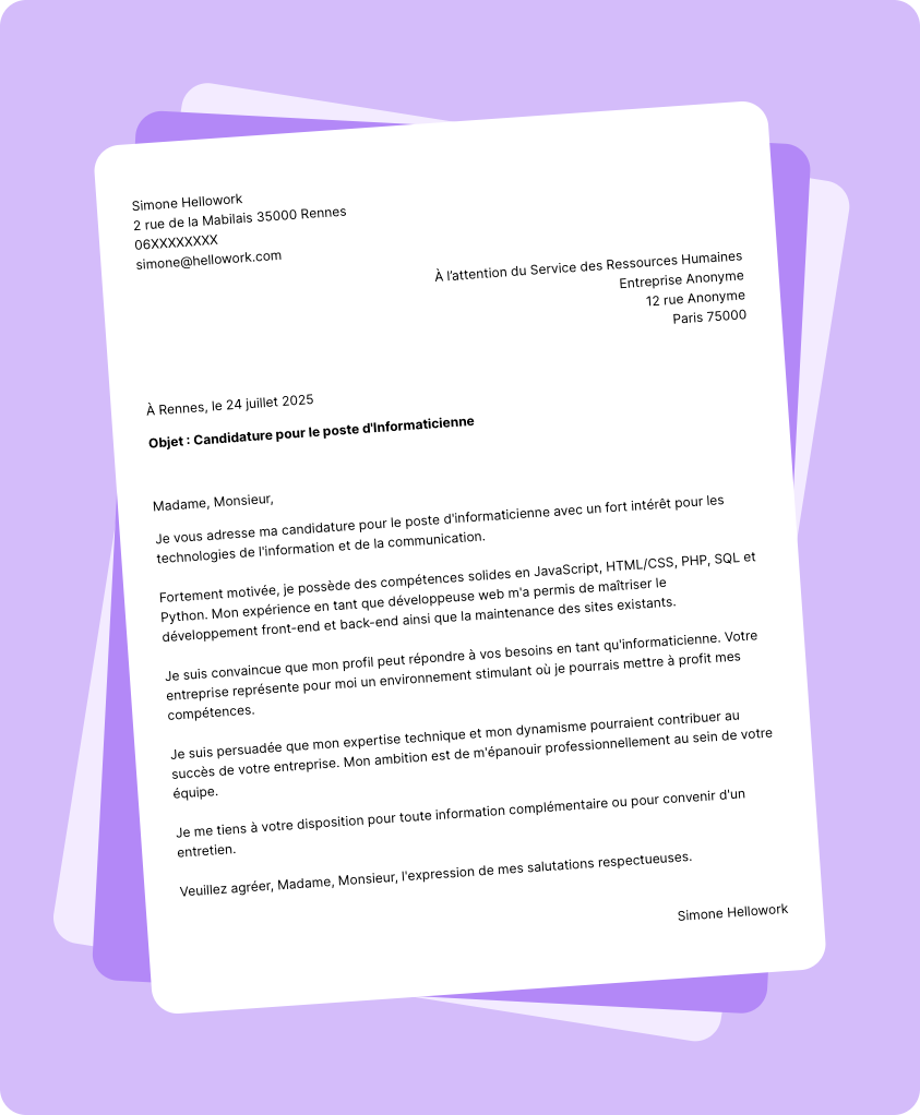 Exemple lettre de motivation Informaticien