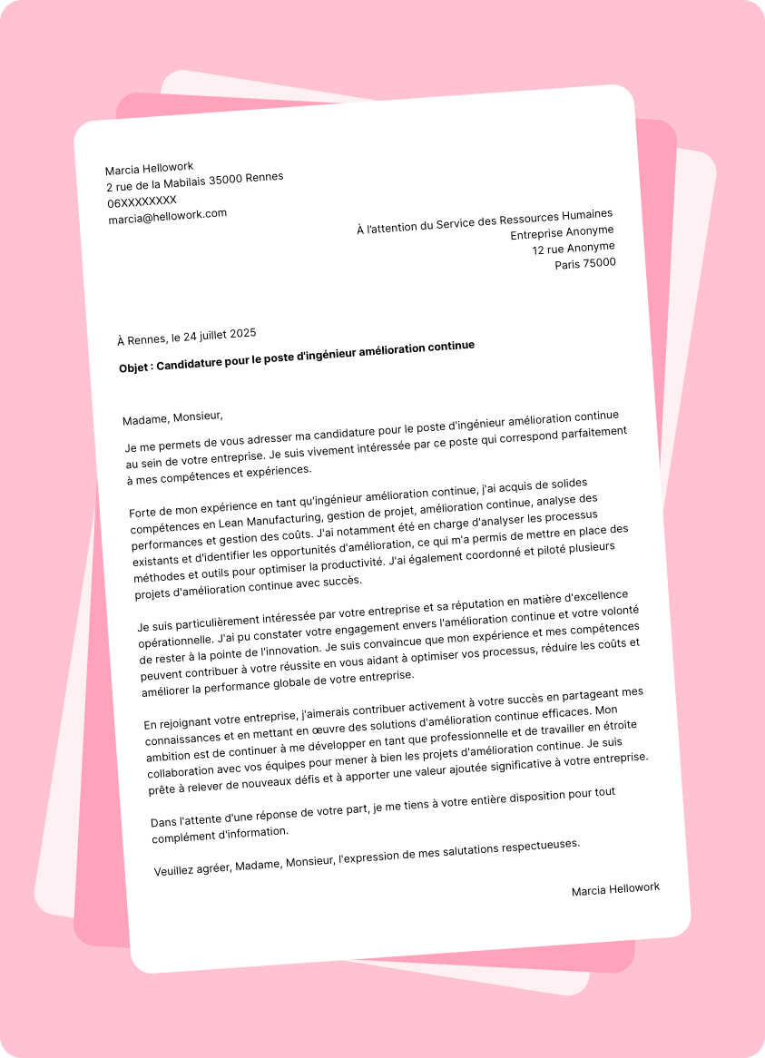 Exemple lettre de motivation Ingénieur amélioration continue