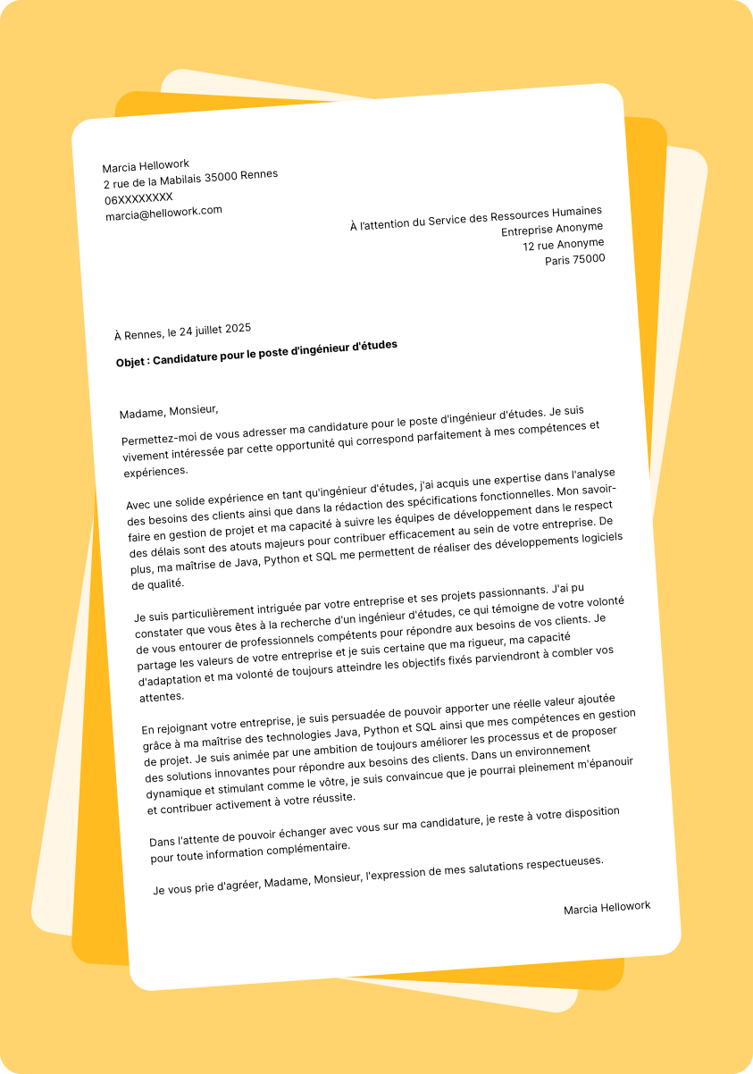 Exemple lettre de motivation Ingénieur d'études