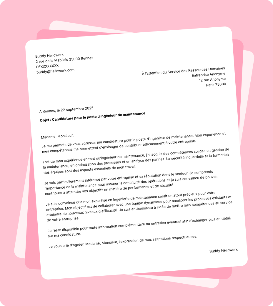 Exemple lettre de motivation Ingénieur de maintenance