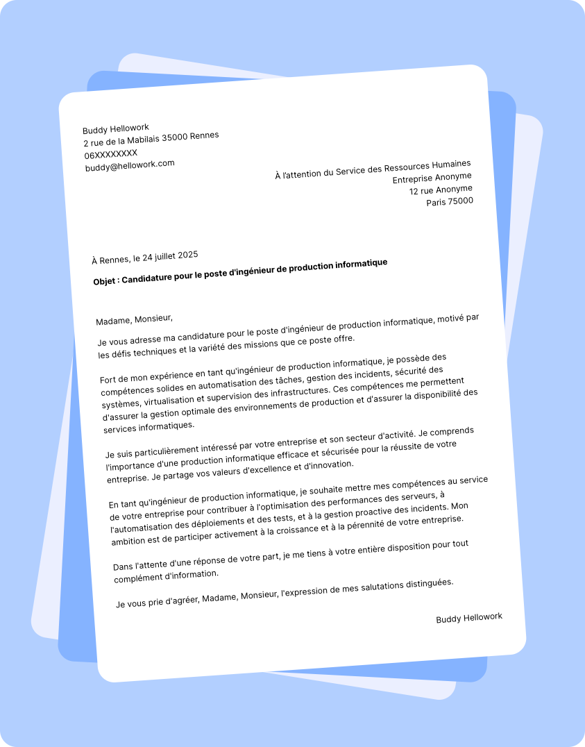 Exemple lettre de motivation Ingénieur de production informatique
