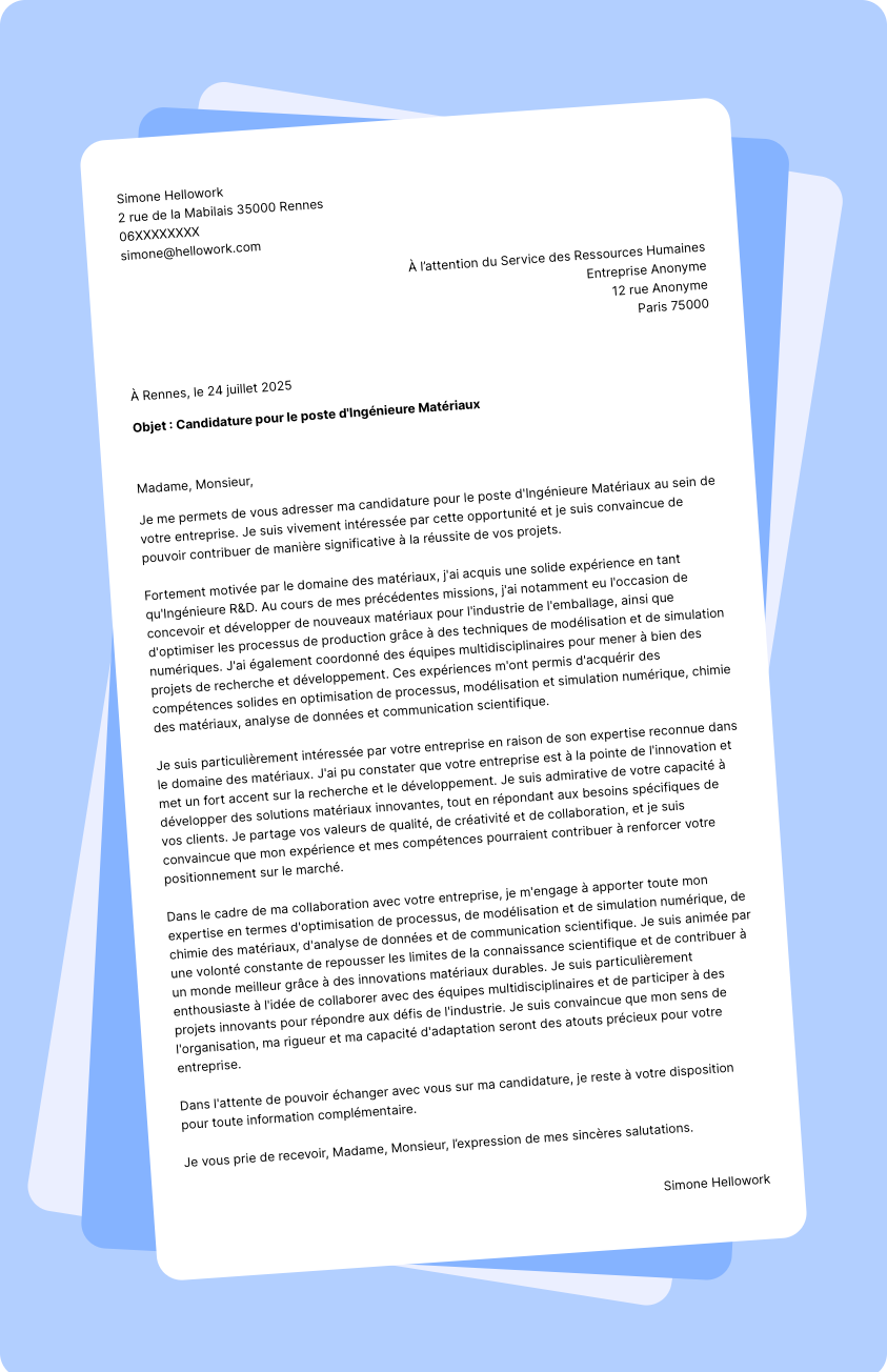 Exemple lettre de motivation Ingénieur en chimie et matériaux