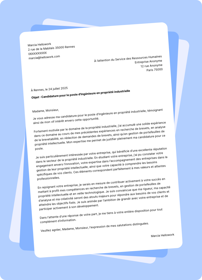 Exemple lettre de motivation Ingénieur en propriété industrielle