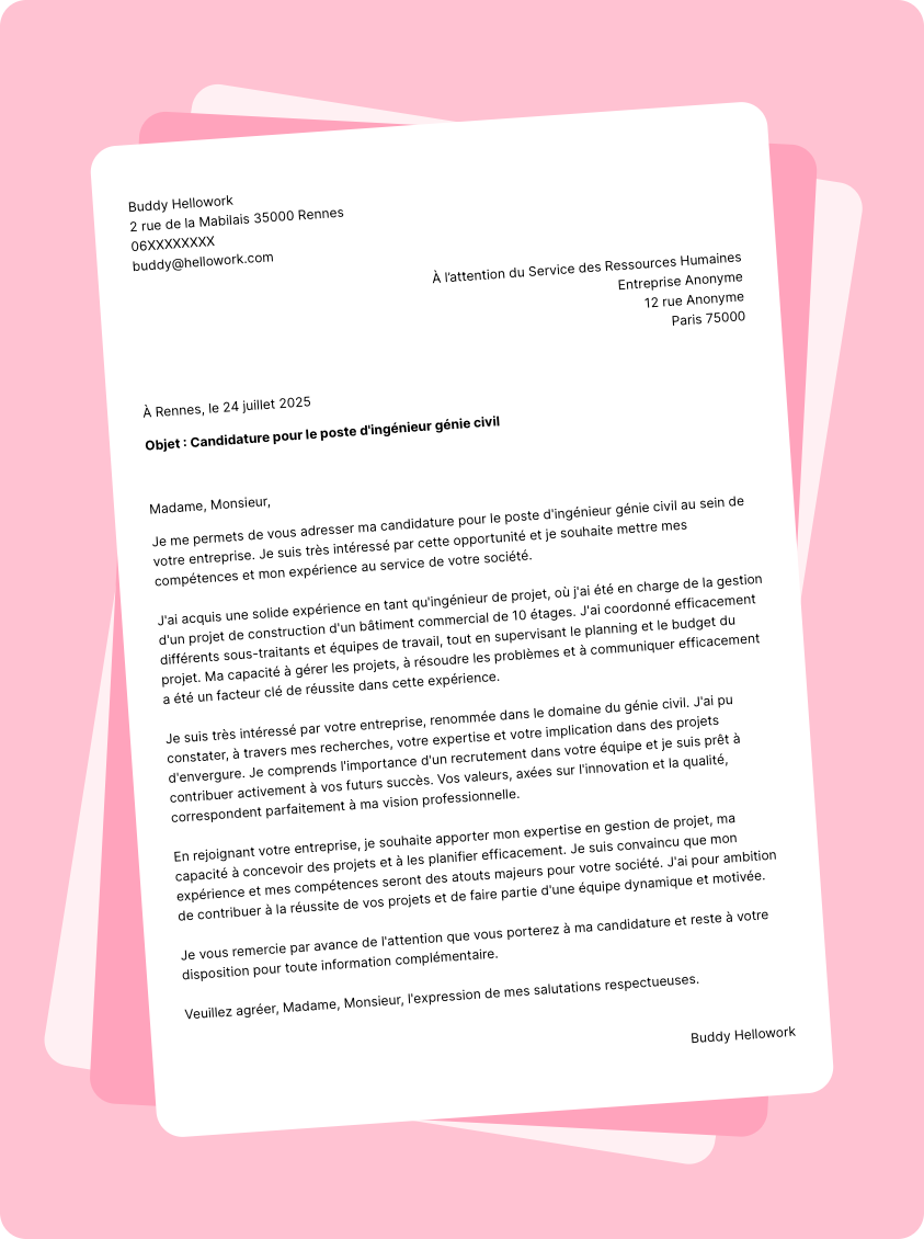 Modèle lettre de motivation Ingénieur génie civil Exemple lettre de motivation Ingénieur génie civil