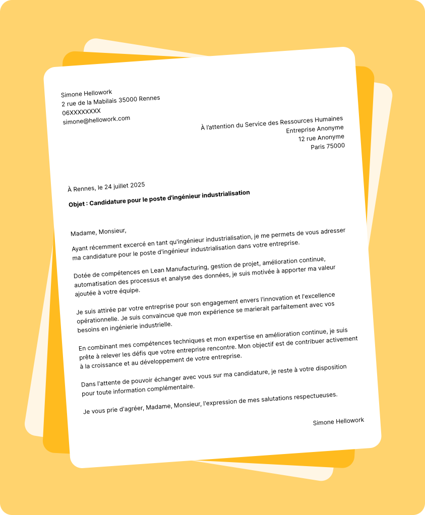 Exemple lettre de motivation Ingénieur industrialisation