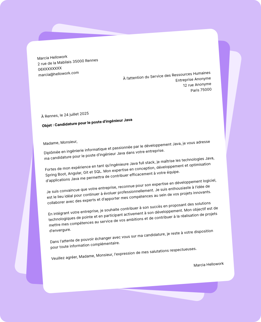 Exemple lettre de motivation Ingénieur java
