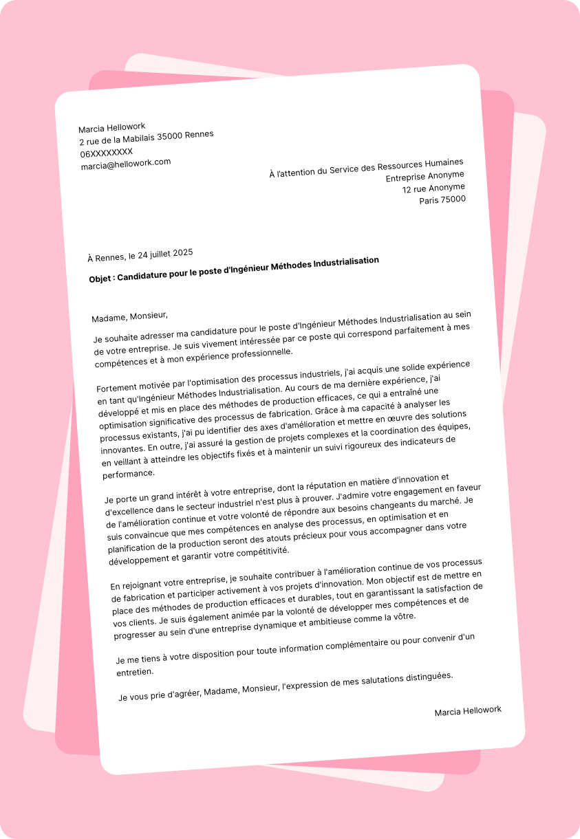 Modèle lettre de motivation Ingénieur en méthode et industrialisation Exemple lettre de motivation Ingénieur en méthode et industrialisation