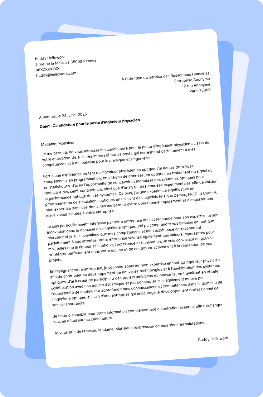 Exemple lettre de motivation Ingénieur physicien