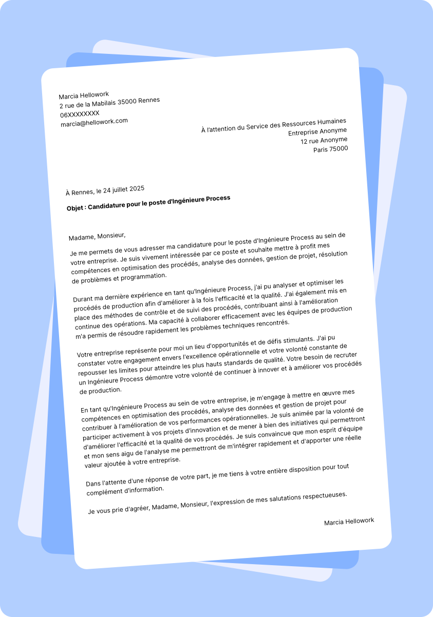 Exemple lettre de motivation Ingénieur process