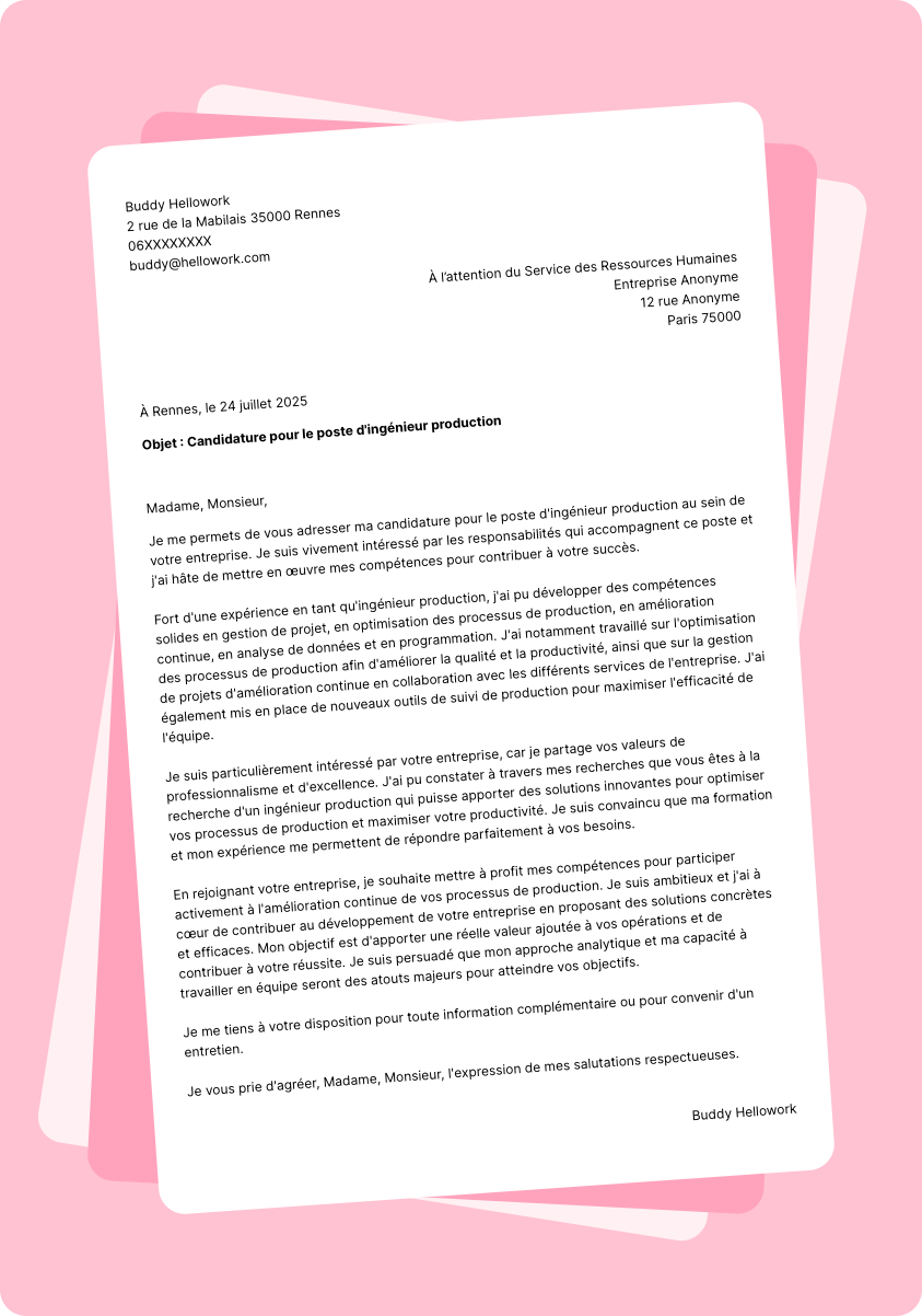 Exemple lettre de motivation Ingénieur production