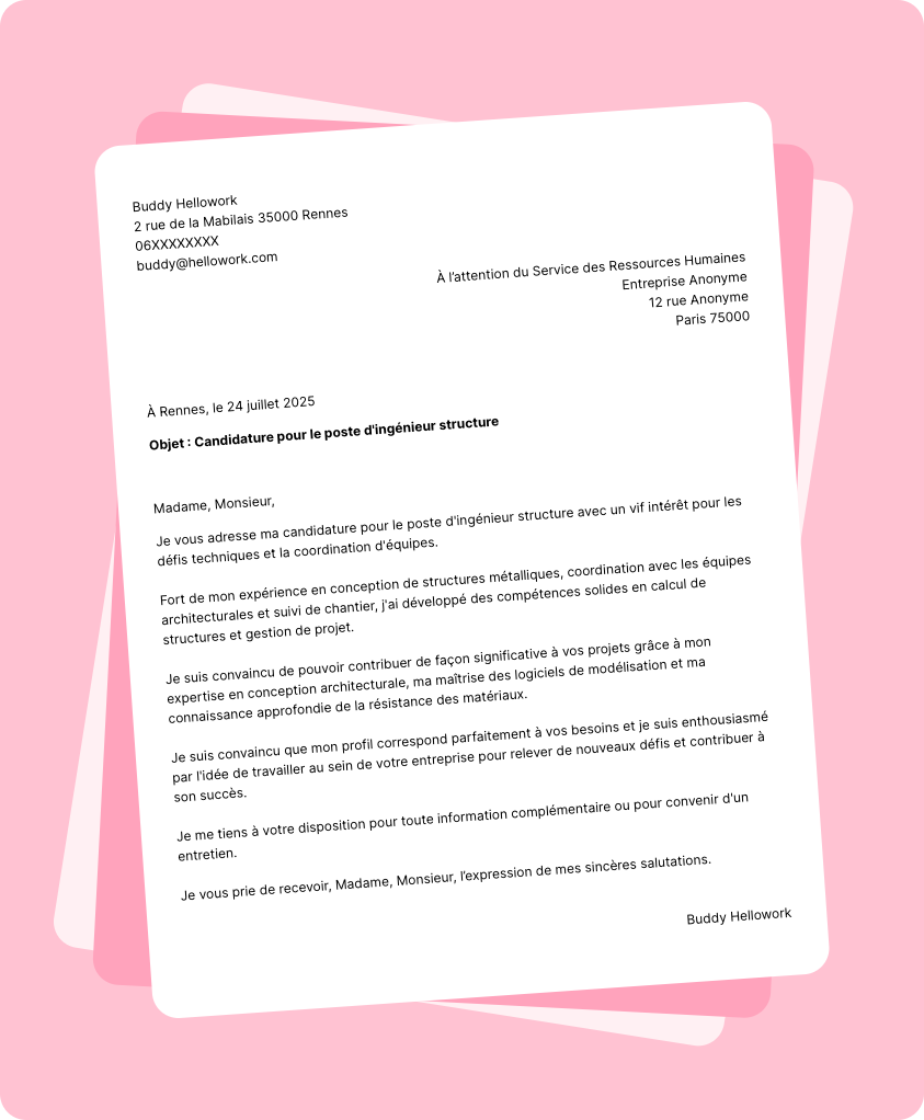 Exemple lettre de motivation Ingénieur structure