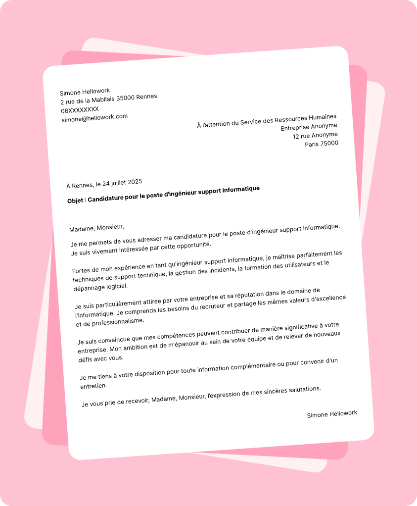 Exemple lettre de motivation Ingénieur support informatique