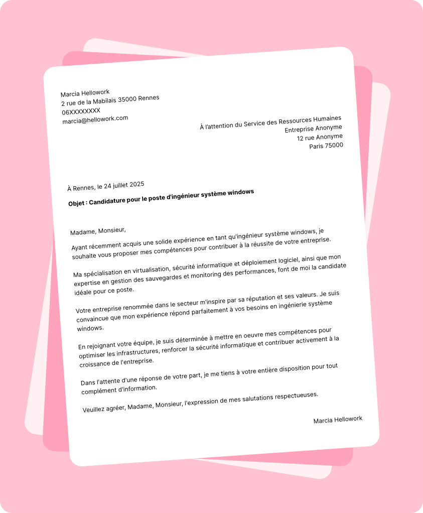 Exemple lettre de motivation Ingénieur système windows