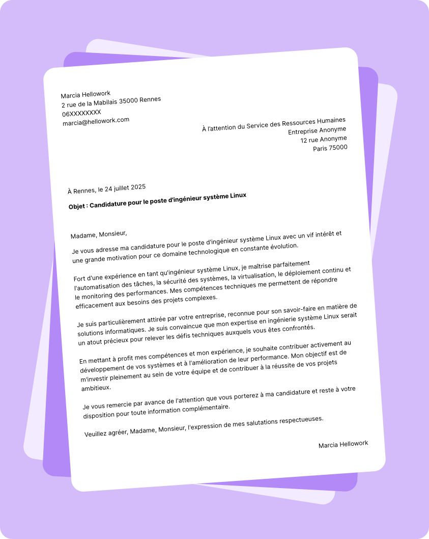 Modèle lettre de motivation Ingénieur système Linux Exemple lettre de motivation Ingénieur système Linux