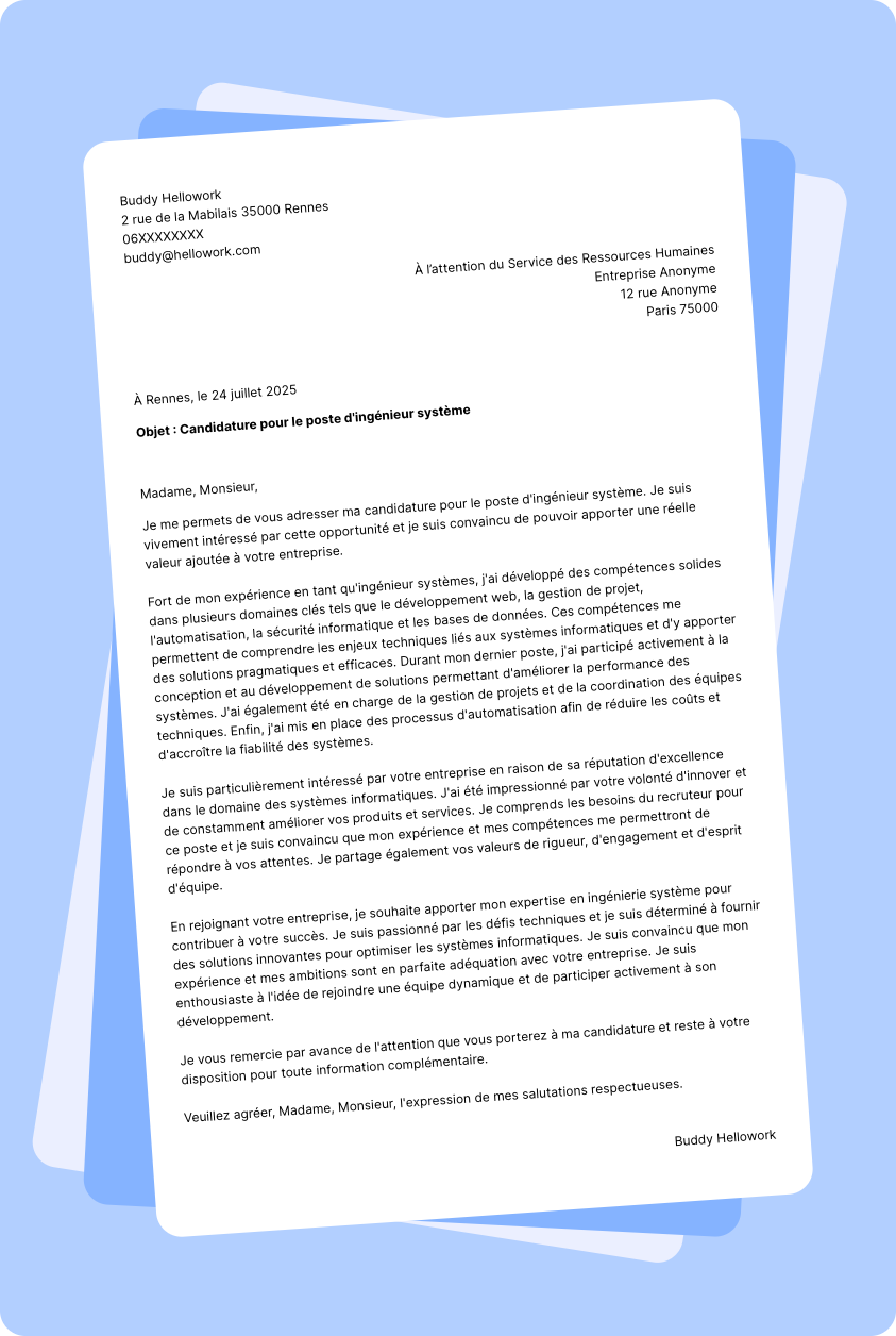 Modèle lettre de motivation Ingénieur systèmes Exemple lettre de motivation Ingénieur systèmes
