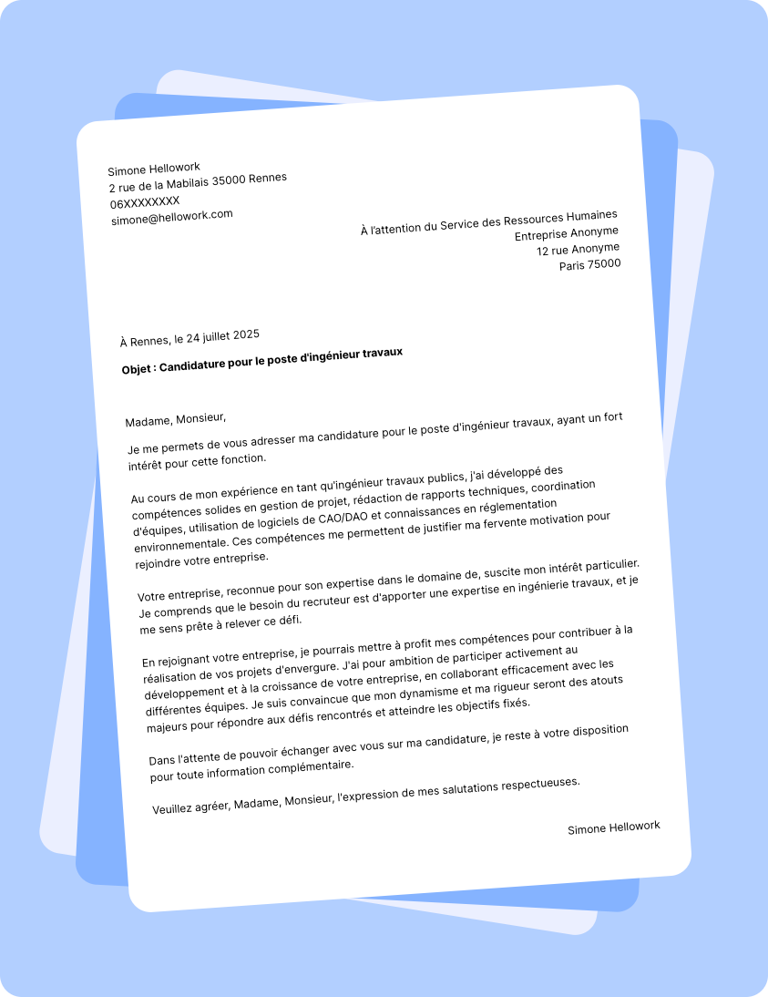 Exemple lettre de motivation Ingénieur travaux publics