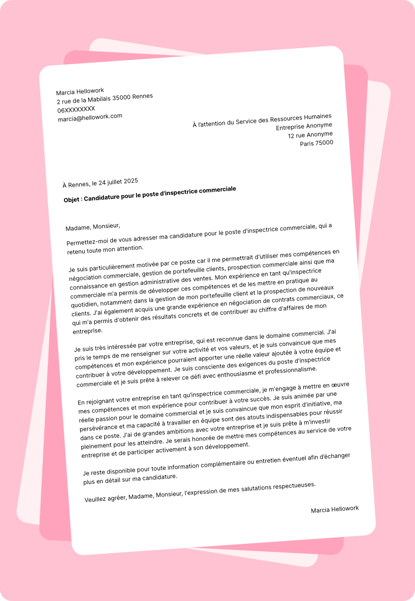 Modèle lettre de motivation Inspecteur commercial Exemple lettre de motivation Inspecteur commercial