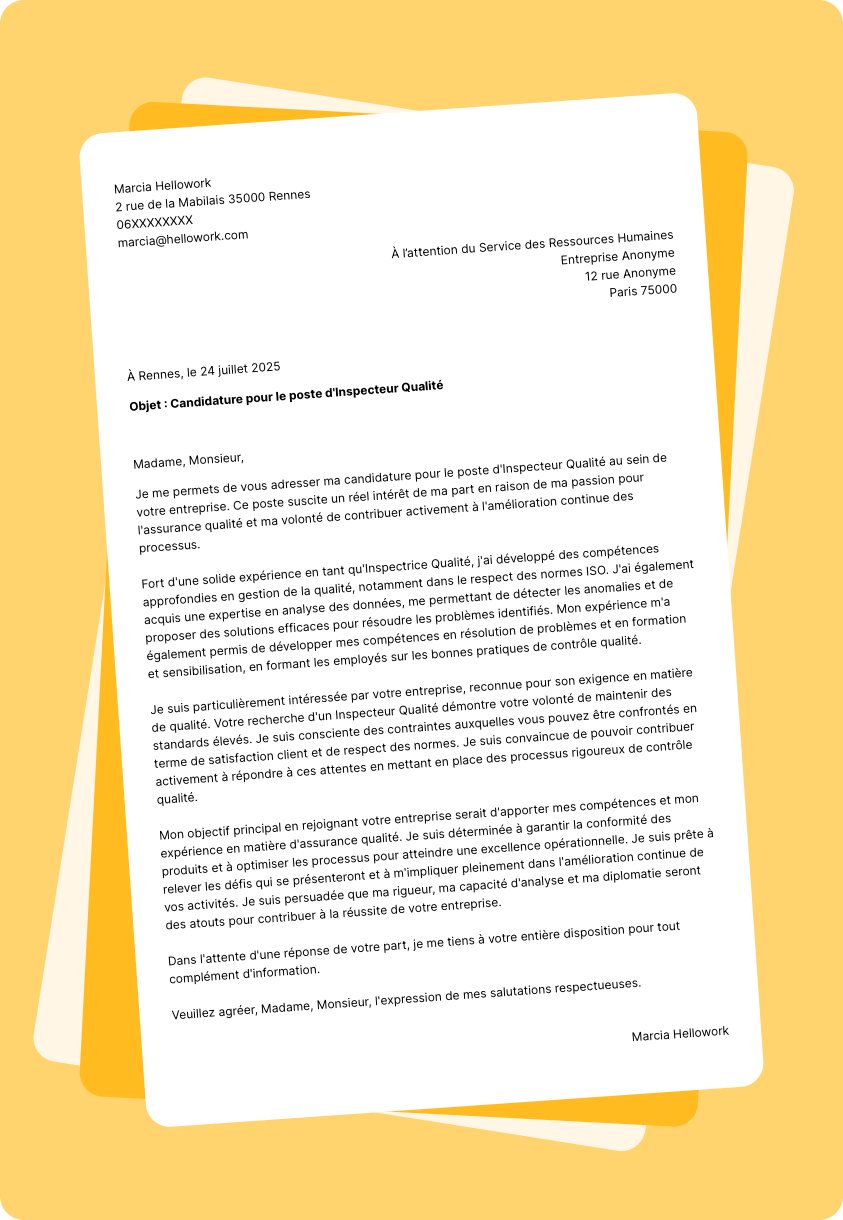 Exemple lettre de motivation Inspecteur qualité