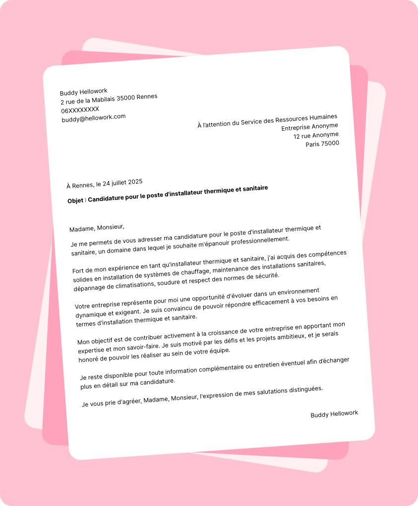Modèle lettre de motivation Installateur thermique et sanitaire Exemple lettre de motivation Installateur thermique et sanitaire