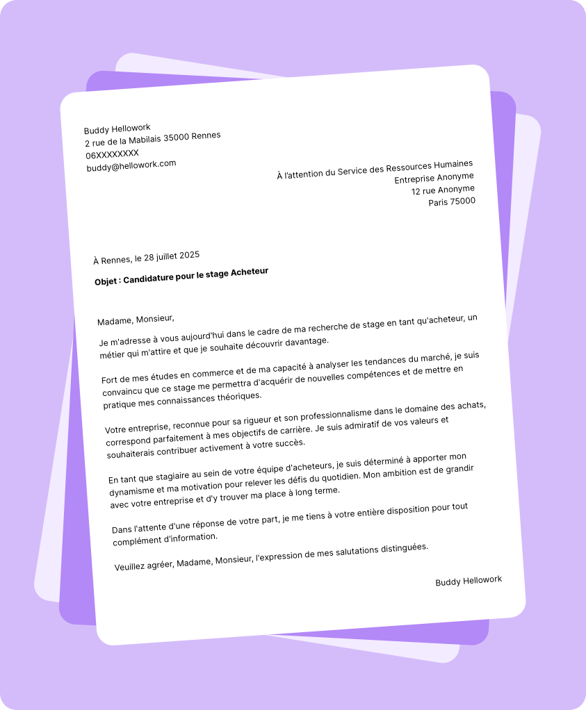 Exemple lettre de motivation pour un stage Acheteur