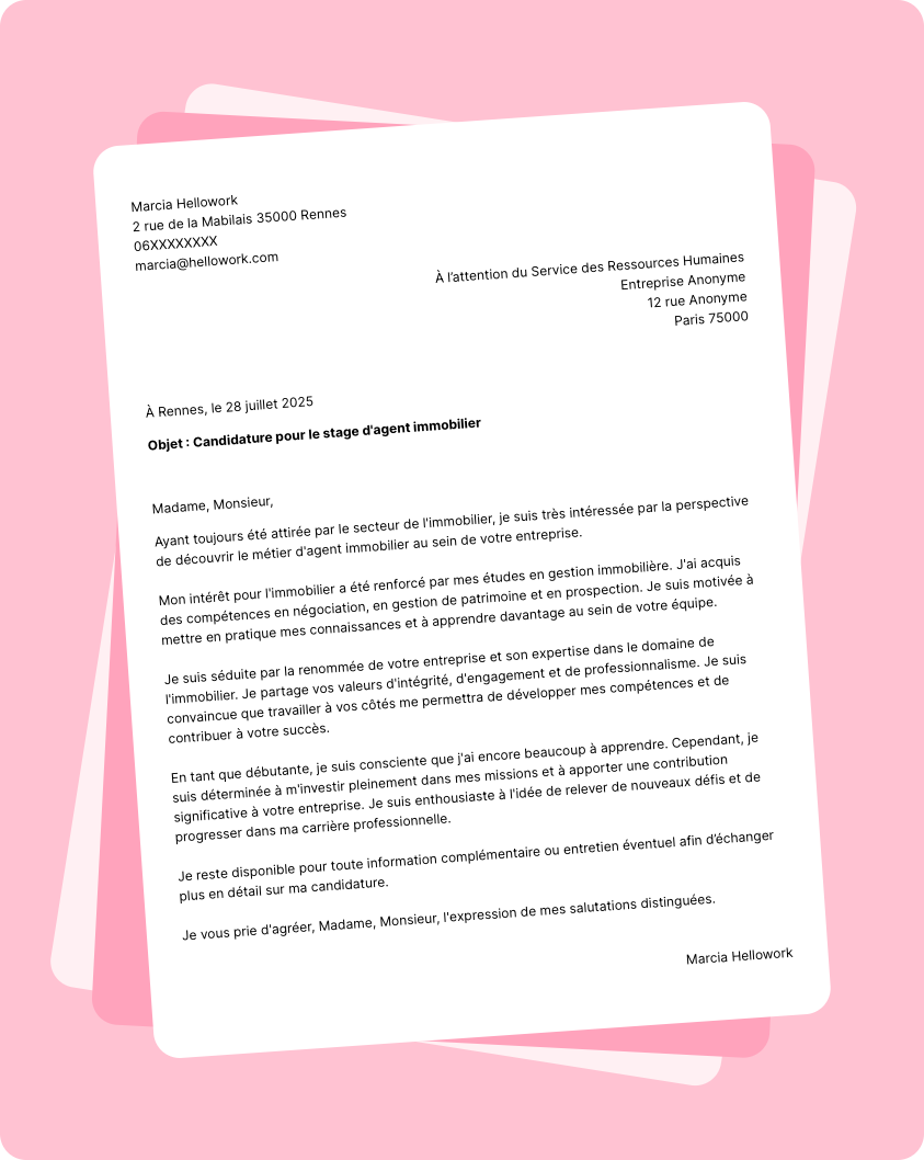 Modèle lettre de motivation pour un stage Agent immobilier Exemple lettre de motivation pour un stage Agent immobilier