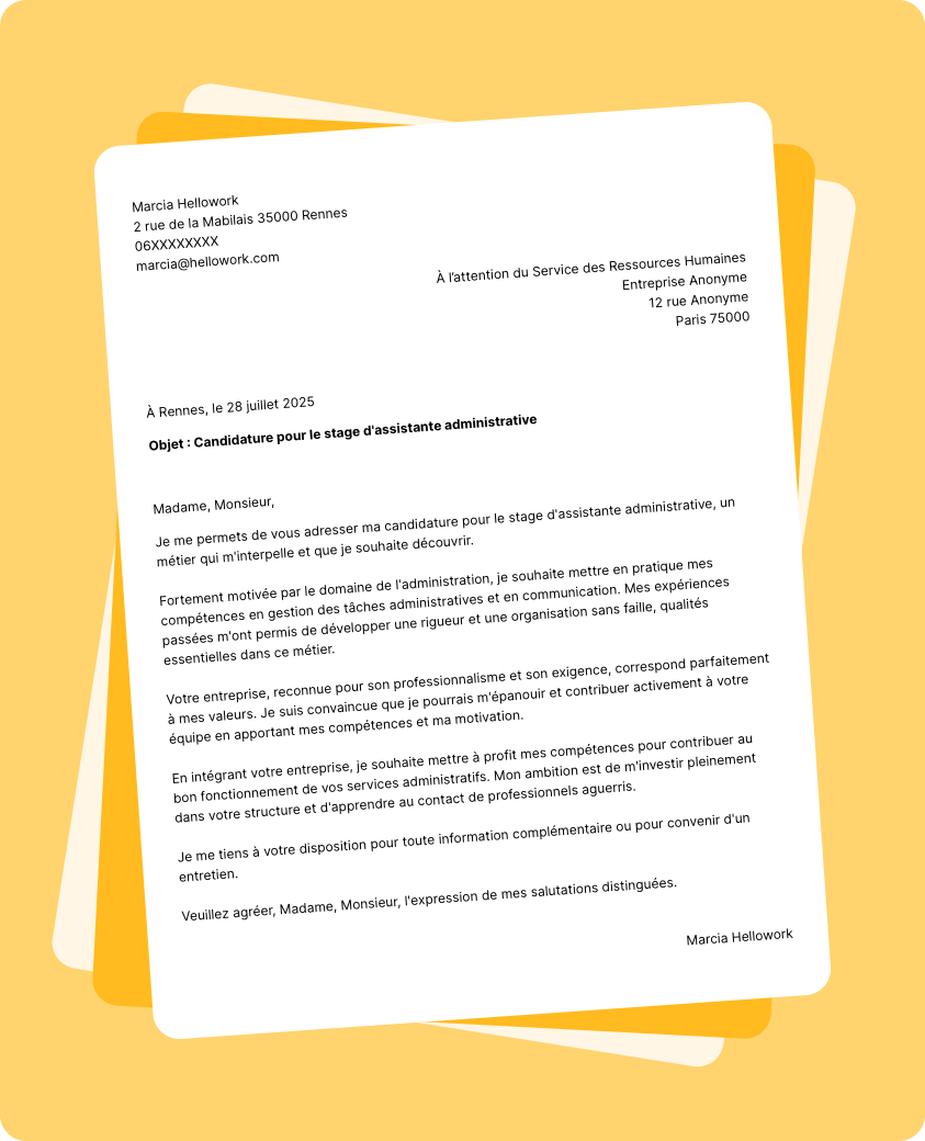 Exemple lettre de motivation pour un stage Assistant administratif
