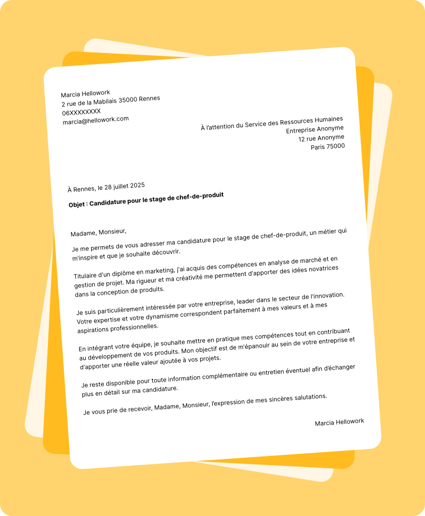 Modèle lettre de motivation pour un stage Chef de produit Exemple lettre de motivation pour un stage Chef de produit
