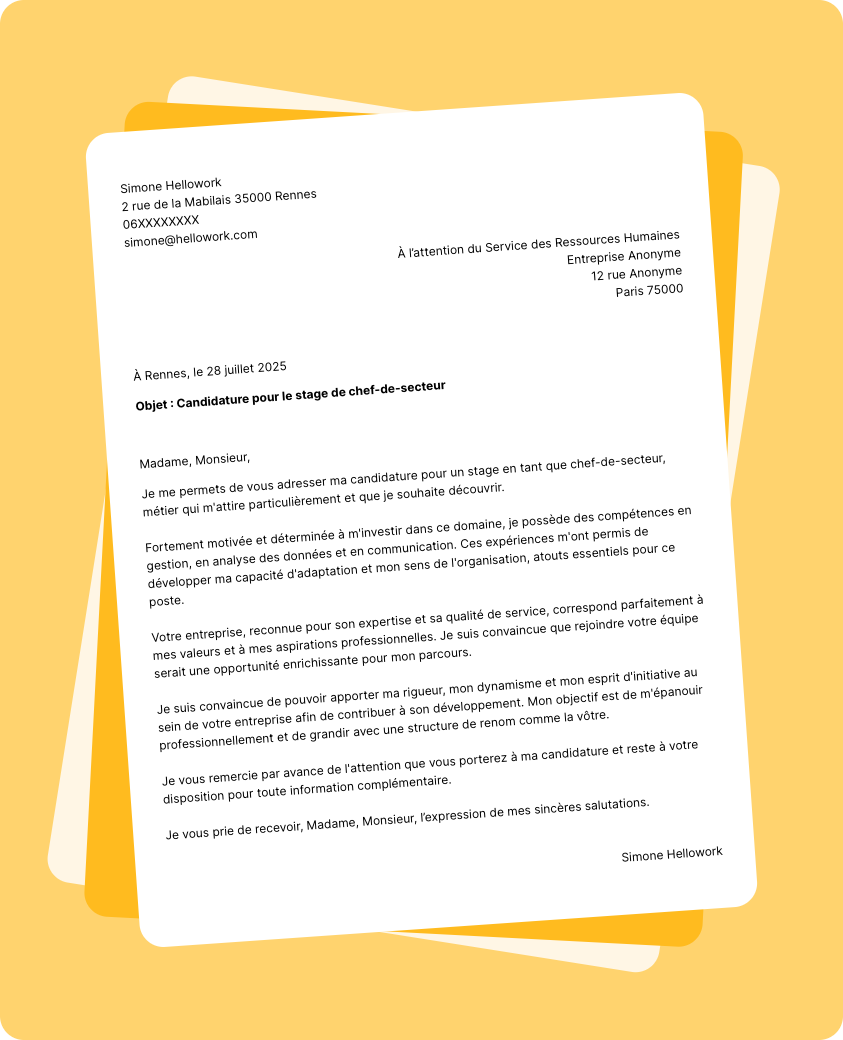 Modèle lettre de motivation pour un stage Chef de secteur Exemple lettre de motivation pour un stage Chef de secteur