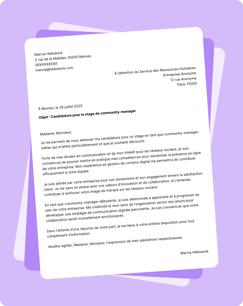 Modèle lettre de motivation pour un stage Community manager Exemple lettre de motivation pour un stage Community manager