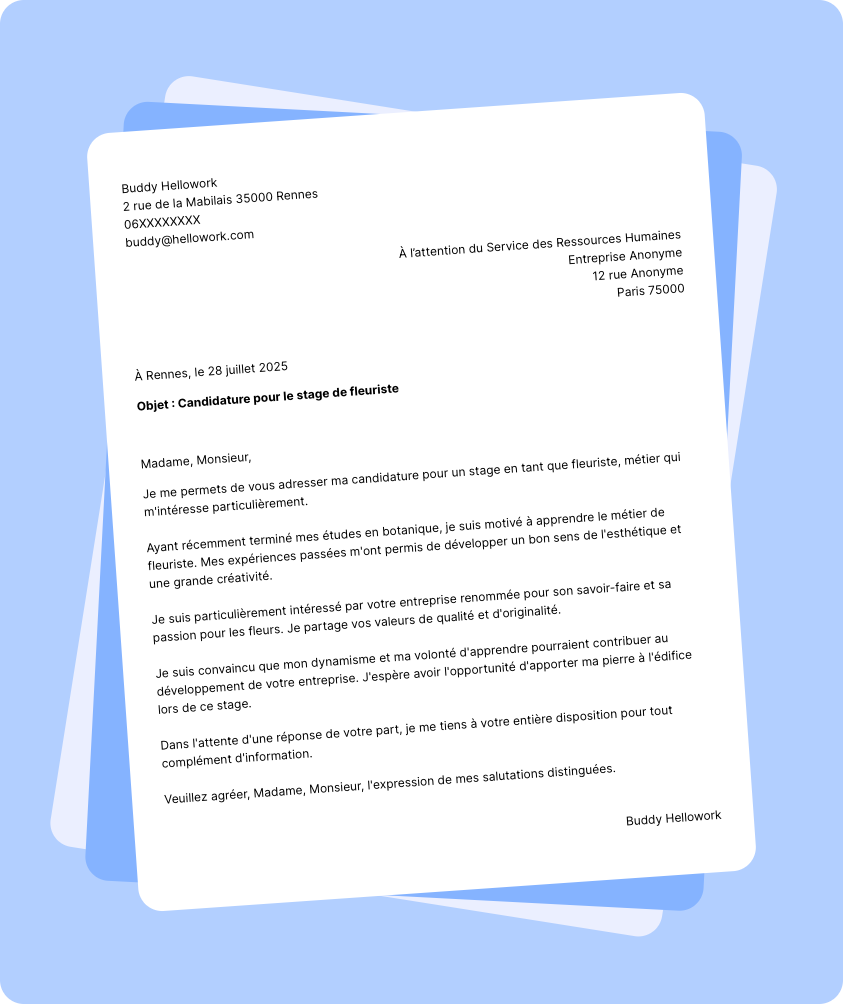 Exemple lettre de motivation pour un stage Fleuriste