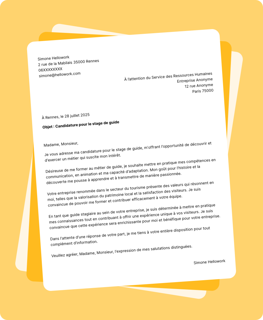 Exemple lettre de motivation pour un stage Guide touristique