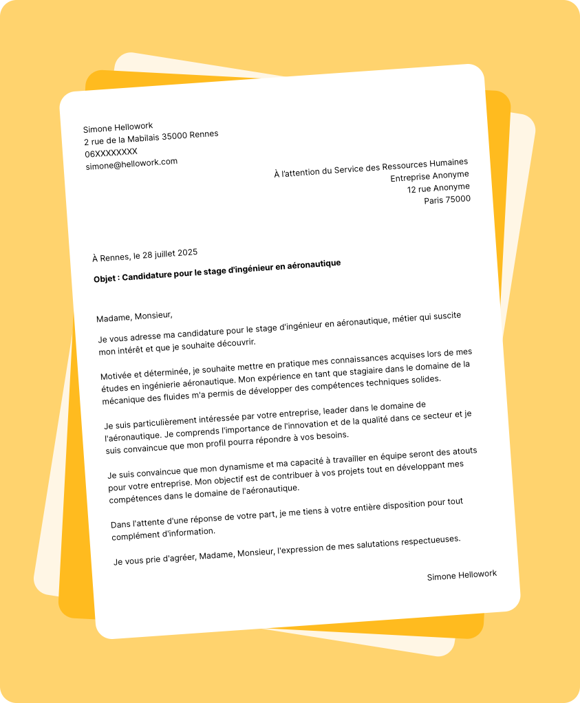 Exemple lettre de motivation pour un stage Ingénieur aéronautique